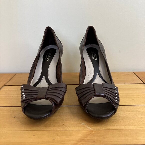 Naturalizer Glenda Leather Peep Toe Pumps Brown High Heel Shoes Bow Detail US 8W - Picture 2 of 7